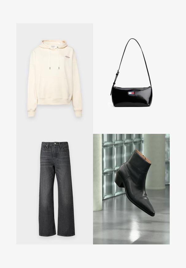 Cremefarbener Hoodie aus weichem Stoff, mit einer Front-Kängurutasche, Zugband mit Metallenden und kleinem gesticktem Logo.; Dunkelblaue weite Jeans mit Knopfverschluss, fünf Taschen und leichter Ausbleichung. Der Stoff hat eine glatte Textur und eine saubere Verarbeitung.; Schwarzer Leder-Stiefelette mit spitzer Schuhspitze und Blockabsatz, der über einem reflektierenden grauen Boden nahe einer Glassteinwand schwebt.; Schwarze Lackleder-Schultertasche mit einem gebogenen Tragegurt, Reißverschlussverschluss und einem rechteckigen Logopatch in Rot, Weiß und Blau.
