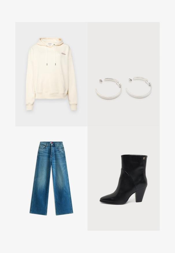Cremefarbener Hoodie aus weichem Stoff, mit einer Front-Kängurutasche, Zugband mit Metallenden und kleinem gesticktem Logo.; Blaue Jeans mit weitem Bein, Fronttaschen, Gürtelschlaufen, Knopfverschluss und kleinen Markenflaggen-Details an Tasche und Bund.; Schwarzer Lederknöchelstiefel mit spitz zulaufender Zehenpartie, Blockabsatz und kleinem goldenen Logo nahe der oberen Kante an der Außenseite.; Ohrstecker in Silberoptik, halbkreisförmig mit geriffelter Textur und Steckverschlüssen, auf weißem Hintergrund.