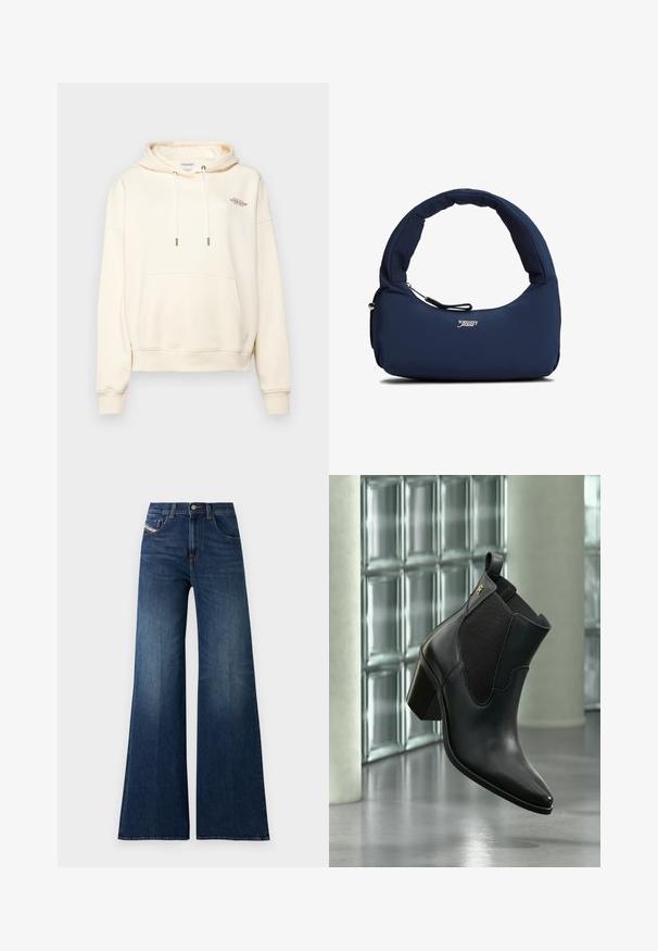Cremefarbener Hoodie aus weichem Stoff, mit einer Front-Kängurutasche, Zugband mit Metallenden und kleinem gesticktem Logo.; Hoch taillierte, dunkelblaue weite Jeans mit Front- und Münztaschen, Knopfverschluss und dezenten Waschungseffekten an den Oberschenkeln.; Schwarzer Leder-Stiefelette mit Blockabsatz und elastischem Seitenpanel, schwebend in Innenräumen vor einer Glasbausteinwand und Betonboden.; Marineblaue, wattierte Schultertasche mit gebogenem Griff und einer vorderen Reißverschlusstasche, mit weißem "tommy jeans"-Logo in der vorderen Mitte.