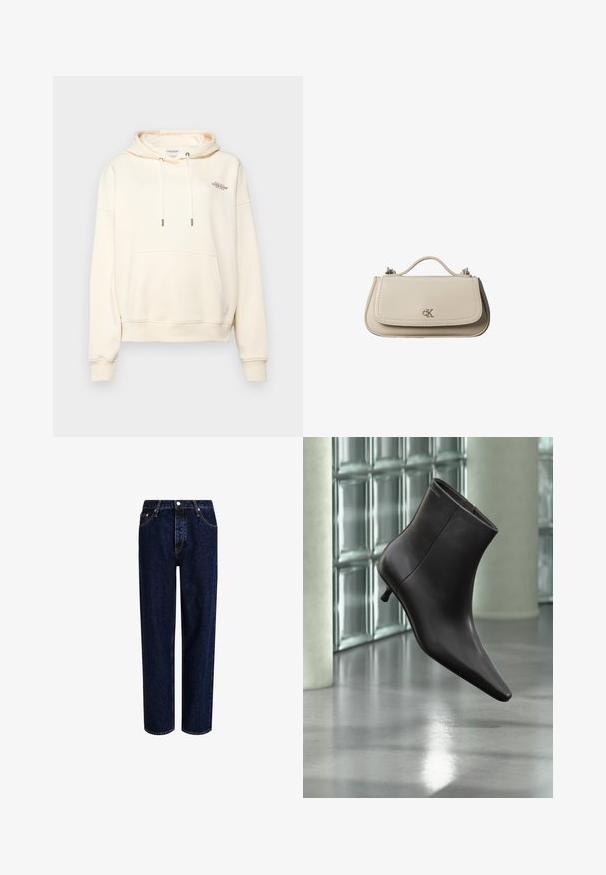 Cremefarbener Hoodie aus weichem Stoff, mit einer Front-Kängurutasche, Zugband mit Metallenden und kleinem gesticktem Logo.; Dunkelblaue Denim-Jeans mit geradem Bein, hoher Taille, fünf Taschen und kontrastierenden Nähten. Ohne Verzierungen.; Schwarzer Leder-Knöchelstiefel mit spitzer Spitze und kleinem Absatz vor einer Wand aus Glasbausteinen und einem polierten Boden.; Kleine beigefarbene Lederhandtasche mit oberem Griff und silbernem CK-Logo auf der Frontklappe, vor weißem Hintergrund dargestellt.