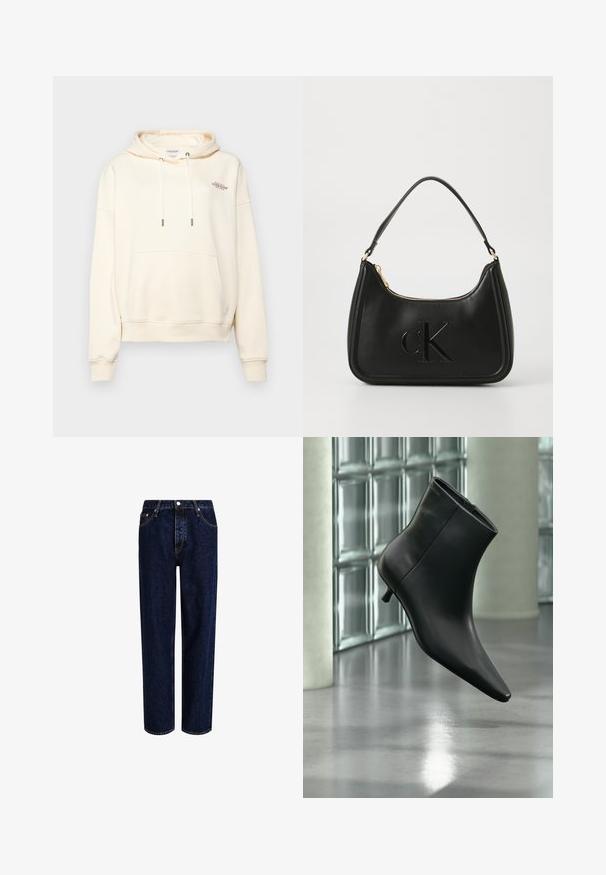 Cremefarbener Hoodie aus weichem Stoff, mit einer Front-Kängurutasche, Zugband mit Metallenden und kleinem gesticktem Logo.; Dunkelblaue Denim-Jeans mit geradem Bein, hoher Taille, fünf Taschen und kontrastierenden Nähten. Ohne Verzierungen.; Schwarzer Leder-Stiefelette mit spitzer Zehenpartie und niedrigem Kitten-Heel, schräg dargestellt vor einem polierten Boden und einer Glasbausteinwand.; Schwarze Lederhandtasche mit geschwungener Form, ausgestattet mit einem goldenen Reißverschluss und einem dezent geprägten "cK"-Logo. Glatte Textur und ein einzelner Griff.