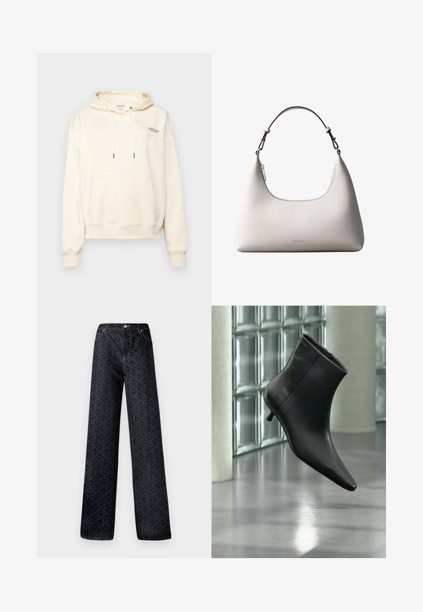Cremefarbener Hoodie aus weichem Stoff, mit einer Front-Kängurutasche, Zugband mit Metallenden und kleinem gesticktem Logo.; Dunkelblaue, weite Jeans mit geometrischem Muster, aus Denim gefertigt. Mit Metallknopf, Reißverschluss und Kettelung der vorderen Taschen.; Schwarzer Leder-Stiefelette mit spitzer Zehenpartie und niedrigem Kitten-Heel, schräg dargestellt vor einem polierten Boden und einer Glasbausteinwand.; Cremefarbene Calvin Klein Lederschultertasche mit gebogener Oberkante, silbernem Reißverschluss und dunkelbraunem verstellbarem Riemen.