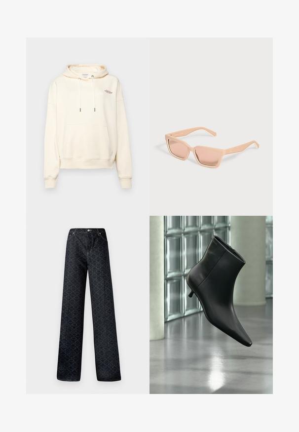 Cremefarbener Hoodie aus weichem Stoff, mit einer Front-Kängurutasche, Zugband mit Metallenden und kleinem gesticktem Logo.; Dunkelblaue, weite Jeans mit geometrischem Muster, aus Denim gefertigt. Mit Metallknopf, Reißverschluss und Kettelung der vorderen Taschen.; Schwarzer Leder-Stiefelette mit spitzer Zehenpartie und niedrigem Kitten-Heel, schräg dargestellt vor einem polierten Boden und einer Glasbausteinwand.; Rechteckige Sonnenbrille in Hellpfirsich mit dicken Rahmen und passenden getönten Gläsern vor hellem, einfarbigem Hintergrund.