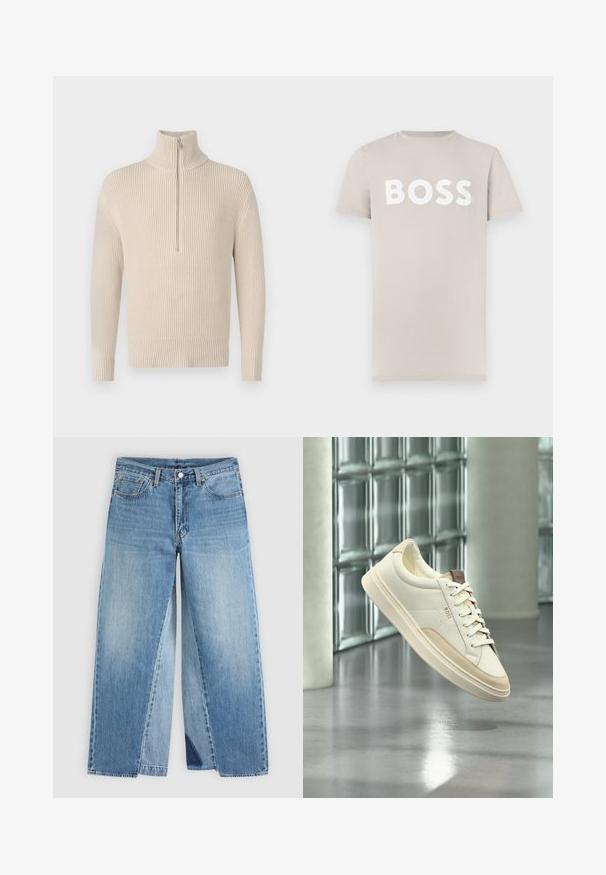 Sweater de punto acanalado beige con un cuello alto y medio zipper. Presenta mangas largas y un dobladillo recto. Textura suave.; Camiseta de algodón beige claro con mangas cortas y cuello redondo. Presenta un audaz texto blanco "BOSS" en el pecho. Textura suave.; Vaqueros de mezclilla azul con pierna recta, diseño clásico de cinco bolsillos y cierre frontal con botones, mostrados planos sobre un fondo neutro.; Zapatilla blanca de perfil bajo con detalles y cordones beige, con la marca "BOSS", flotando sobre un suelo pulido con una pared de bloques de vidrio al fondo.