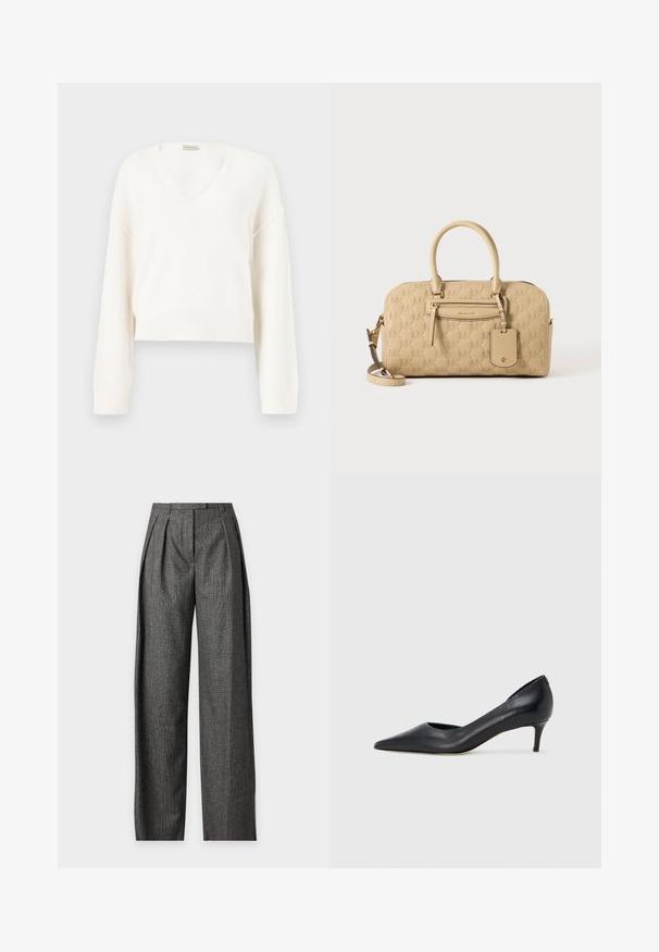 Pull court en tricot blanc avec manches longues et col en V, présenté sur un fond neutre.; Pantalon gris taille haute à jambes larges avec un motif à carreaux subtil et des plis à l'avant, présenté sur un fond clair uni.; Escarpin en cuir noir avec un bout pointu et un talon bas. Présente une texture lisse et un éclat subtil. Découpe ouverte à l'avant pour un détail supplémentaire.; Sac à main beige Michael Kors avec motif MK embossé, doubles poignées, poche avant zippée et bandoulière amovible sur fond blanc.
