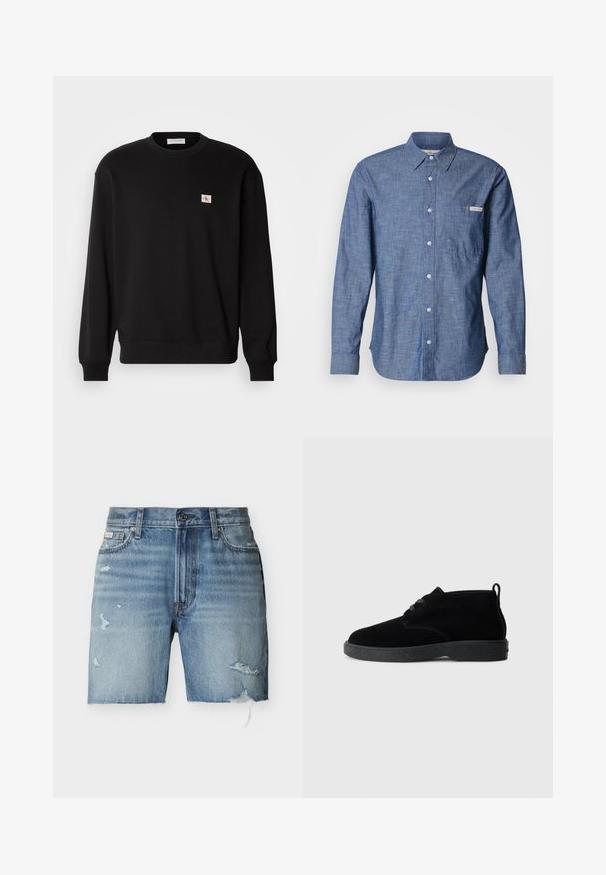 Zwarte katoenen crewneck sweatshirt met lange mouwen, voorzien van een klein, rechthoekig logo-patch op de borst en geribbelde manchetten.; Blauw overhemd met lange mouwen, gemaakt van een lichtgewicht, gestructureerde stof. Heeft een borstzak aan de linkerkant en een klein logolabel. De knopen zijn licht van kleur.; Lichtblauwe denimshorts met rafelige randen, distressed details op beide benen, voorste knoopsluiting en voorzakken tegen een witte achtergrond.; Zwarte suede enkellaarsjes met een ronde neus, vetersluiting, zwarte rubberen zool en een aantreklip aan de achterkant voor gemakkelijk aan- en uittrekken.