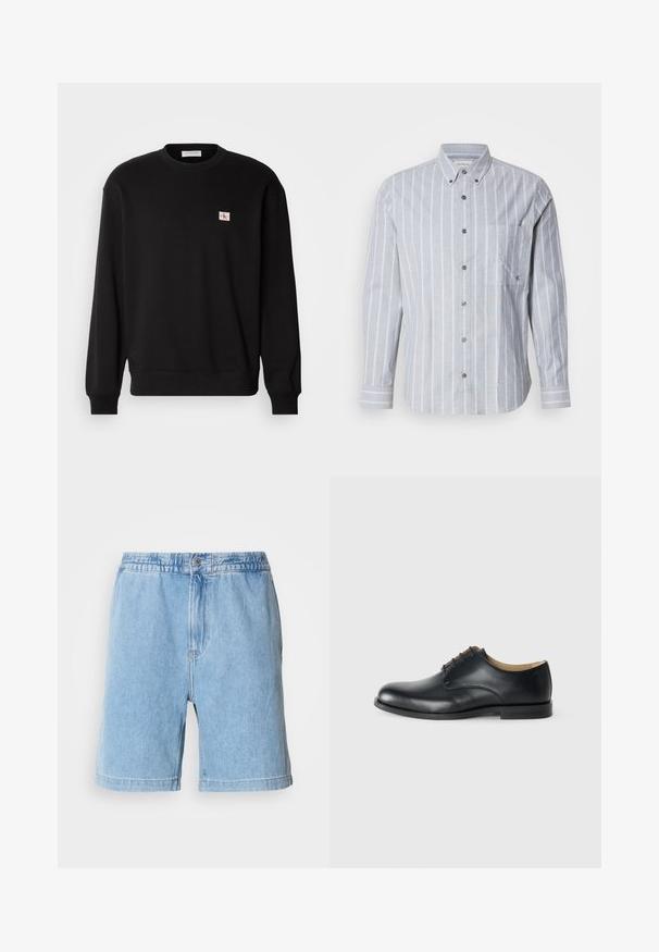 Schwarzer Baumwoll-Pullover mit Rundhalsausschnitt und langen Ärmeln, mit einem kleinen, rechteckigen Logo-Patch auf der Brust und gerippten Bündchen.; Himmelblau gestreiftes Langarmhemd mit Button-Down-Kragen, Brusttasche und strukturiertem Stoff. Verfügt über kontrastierende weiße vertikale Streifen.; Helle blaue Jeansshorts mit elastischem Bund, vorderem Knopfverschluss, seitlichen Taschen und geradem Schnitt. Mittlere Oberschenkel-Länge.; Calvin Klein ESS DERBY - Schnürer - triple black