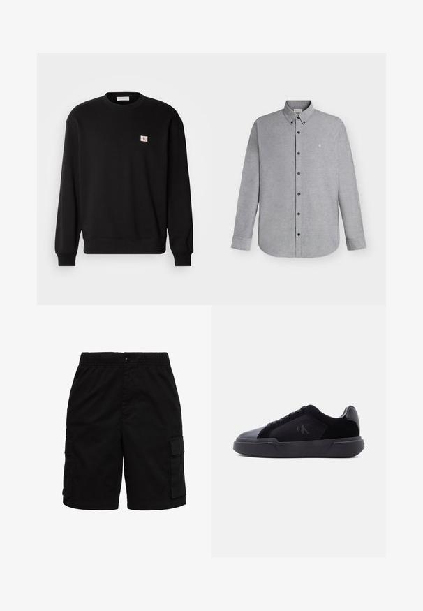 Zwarte katoenen crewneck sweatshirt met lange mouwen, voorzien van een klein, rechthoekig logo-patch op de borst en geribbelde manchetten.; Lichtgrijs overhemd met lange mouwen, knopen aan de voorkant en een button-down kraag, met klein "cK"-logo geborduurd op de linkerborst.; Zwarte cargoshorts met elastische tailleband, knoopsluiting en voorvleugeltassen aan beide zijden.; Zwarte lage sneaker met dikke zool, veters aan de voorkant en een subtiel "cK"-logo op het zijpaneel.