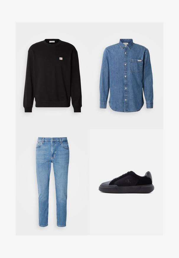 Sort bomuldscrewneck sweatshirt med lange ærmer, der har et lille, rektangulært logo-patch på brystet og ribbede mansjetter.; Denimskjorte i mellemblå med knappet krave, lange ærmer, forlommes og hvide knapper. Har en let buet kant.; Lys blå denim jeans med lige snit, fem-lomme design og subtilt slid. Har knaplukning og bæltestropper.; Sort lav sko med tyk sål, snørebånd foran og diskret "cK"-logo på sidespanden.