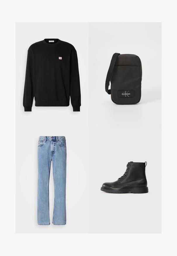 Zwarte katoenen crewneck sweatshirt met lange mouwen, voorzien van een klein, rechthoekig logo-patch op de borst en geribbelde manchetten.; Lichtblauwe denim jeans met een recht ontwerp, vijf zakken en een knoopsluiting. Stikdetails nabij de zakken en de tailleband.; Zwarte enkellaars van textuurleer met een ronde neus, vetersluiting en een stevige zwarte rubbere zool. Heeft een lus aan de hiel.; Zwarte nylon schoudertas met een rechthoekige vorm, een schouderriem en een logo-patch aan de voorkant. Glad textuur, minimalistisch ontwerp en ritssluiting.