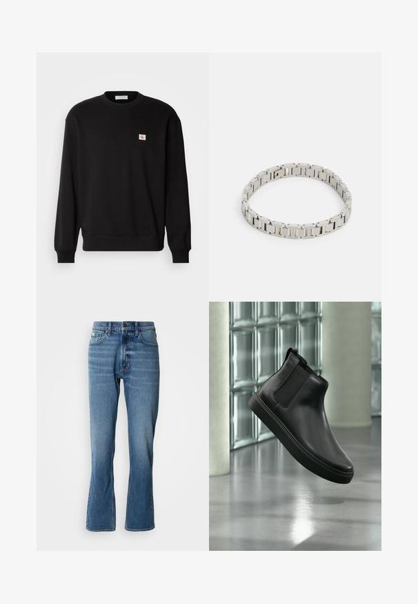 Zwarte katoenen crewneck sweatshirt met lange mouwen, voorzien van een klein, rechthoekig logo-patch op de borst en geribbelde manchetten.; Lichtblauwe denim jeans met een rechte snit en een lichte flare. Beschikt over vijf zakken, een knoopsluiting en subtiele wassingdetails.; Zwart leren enkellaars met elastische zijpanelen zwevend boven een gepolijste betonnen vloer en glazen blokken op de achtergrond.; Zilveren metalen armband met rechthoekige schakeltonen, een gepolijste afwerking en kleine ronde accenten, ontworpen voor een nauwsluitende pasvorm om de pols.