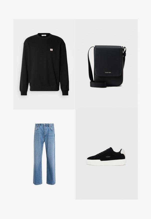 Sort bomuldscrewneck sweatshirt med lange ærmer, der har et lille, rektangulært logo-patch på brystet og ribbede mansjetter.; Lyseblå denim jeans med lige ben-design, fem lommer, knaplukning, minimal falming og kontraststingdetaljer.; Sort lave sneakers med hvid sål og hæltap, snørebånd fortil, og Calvin Klein-logo på siden.; Sort Calvin Klein crossbody-taske med klap, justerbar rem og lille guldlogo på forsiden, mod en ens hvid baggrund.