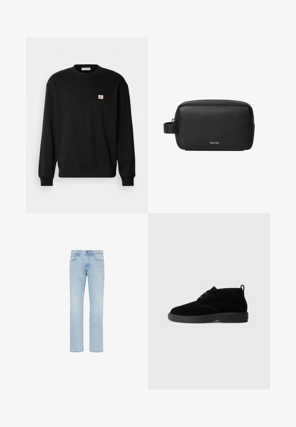 Zwarte katoenen crewneck sweatshirt met lange mouwen, voorzien van een klein, rechthoekig logo-patch op de borst en geribbelde manchetten.; Lichtblauwe rechttoe-rechtaan denim jeans met voorste knoop, ritssluiting en ontwerp met vijf zakken, getoond op een witte achtergrond.; Zwarte suede enkellaarsjes met een ronde neus, vetersluiting, zwarte rubberen zool en een aantreklip aan de achterkant voor gemakkelijk aan- en uittrekken.; Zwarte rechthoekige leren toilettas met zijhandvat en Calvin Klein-logo aan de voorzijde in het midden.