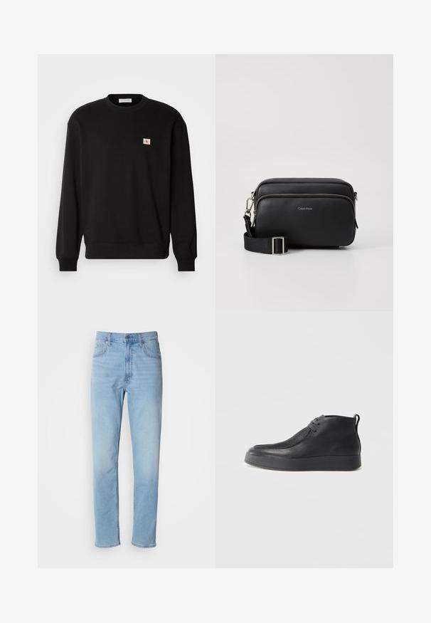 Schwarzer Baumwoll-Pullover mit Rundhalsausschnitt und langen Ärmeln, mit einem kleinen, rechteckigen Logo-Patch auf der Brust und gerippten Bündchen.; Hellblaue Jeans mit geradem Schnitt, fünf Taschen und Gürtelschlaufen. Der Stoff hat eine glatte Textur mit einem leichten Verblassungseffekt.; Schwarze Leder-Ankle-Boots mit strukturiertes Obermaterial, Schnürung vorne, Zugschlaufe an der Ferse und dicke Gummisohle vor einem hellen Hintergrund.; Schwarze Leder-Crossbody-Tasche mit zwei Reißverschlussfächern, strukturiertem Finish, verstellbarem Tragegurt und silbernen Hardware-Details. Calvin Klein-Logo angebracht.