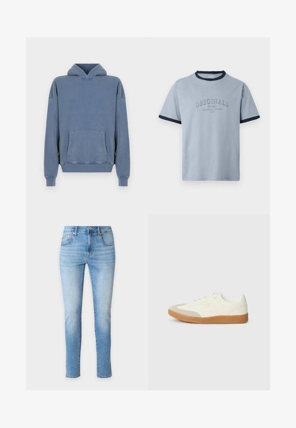 Blå bomulds sweatshirt med en frontlomme, justerbar snøre hætte og ribbede manchetter. Glat tekstur, afslappet pasform og syet detaljer.; Lyseblå bomulds-T-shirt med navyblå ribkant ved hals og ærmer. Har hævet tekst "ORIGINALS" og "CONTEMPORARY AESTHETICS" i et diskret design.; Lyseblå slim-fit jeans med for- og baglommer, knaplukning og diskret falming på lår og knæ.; Sneaker lavet af hvid læder med en beige tåhætte og let brunt gummisål. Har flade hvide snørebånd og prægede branding på siden.