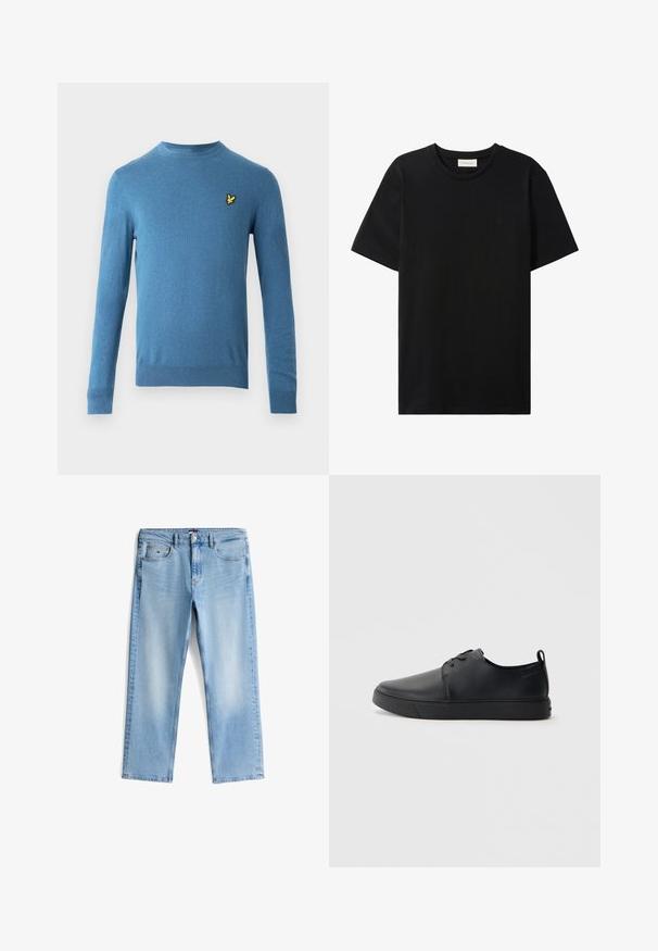 Suéter azul de punto con mangas largas, cuello redondo y un pequeño logo de un pájaro amarillo en el pecho izquierdo. Textura suave y diseño ajustado.; Camiseta negra de manga corta con cuello redondo, con un sutil logo de Calvin Klein Jeans en el pecho y una etiqueta en el interior del cuello.; Jeans de mezclilla azul claro con un diseño de pierna recta, estilo de cinco bolsillos y un cierre de botón. Presentan un leve desgaste y detalles de costura típicos.; Zapatilla negra de cuero con acabado suave, punta redondeada, costuras a tono, cordones en la parte delantera y suela de goma plana. Asa en el talón.