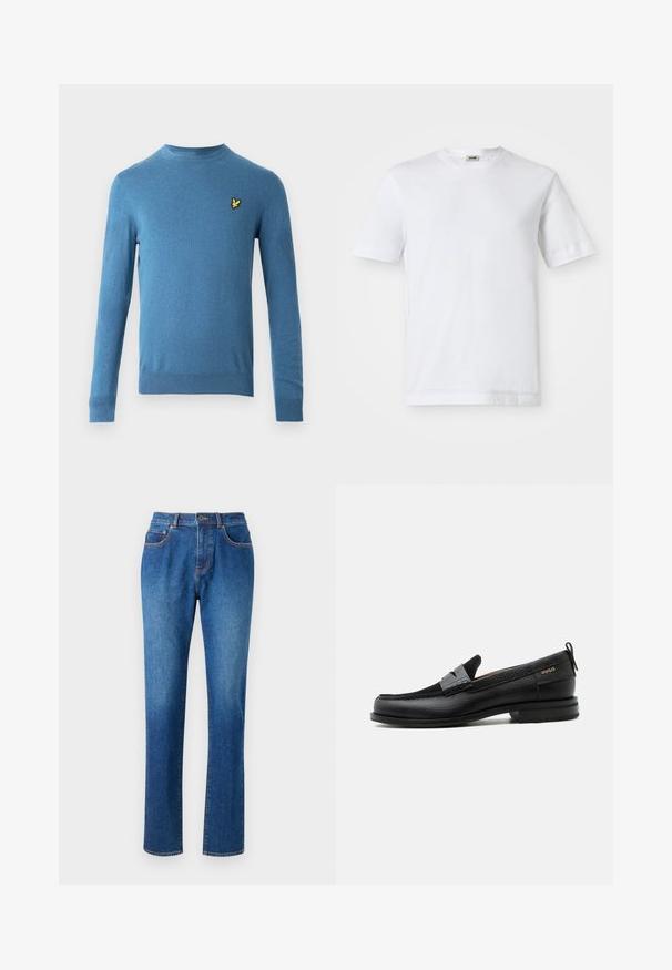 Blauwe gebreide trui met lange mouwen, ronde halslijn en een klein geel vogel-logo op de linkerborst. Gladde textuur en nauwsluitend ontwerp.; Witte katoenen t-shirt met korte mouwen, ronde hals en een soepele textuur. Geen patronen of accenten zichtbaar.; Blauwe denim jeans met een rechte pijp, vijf zakken, een tailleband met riemlussen en contrasterende steken langs de naden.; Zwarte leren loafer met grijs riemdetailelement, lage hak en gestructureerde zool, aan de zijkant gebrandmerkt met "HUGO" in goud.