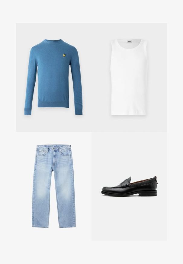 Blauwe gebreide trui met lange mouwen, ronde halslijn en een klein geel vogel-logo op de linkerborst. Gladde textuur en nauwsluitend ontwerp.; Witte katoenen mouwloze tanktop met een ronde halslijn en een gladde textuur. Eenvoudig ontwerp, geen patronen of accenten.; Lichtblauwe straight-leg spijkerbroek met voorzakken, riemlussen, knoopsluiting en een klein Calvin Klein-label op de rechtervoorzak.; Zwarte leren herensloffen met moc toe stiksel, pennyriem, gestructureerde kraag en lage gestapelde hak op witte achtergrond.