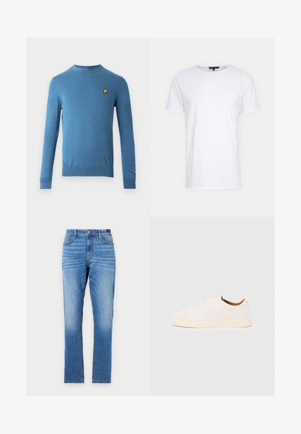 Blauwe gebreide trui met lange mouwen, ronde halslijn en een klein geel vogel-logo op de linkerborst. Gladde textuur en nauwsluitend ontwerp.; Witte katoenen t-shirt met een ronde halslijn, korte mouwen en een rechte snit. Heeft een eenvoudige, gladde textuur zonder aanvullende patronen.; Lichtblauwe denim jeans met een rechte pasvorm, vijf zakken, sluiting met een knoop aan de voorkant en subtiele vervaging op de dijen.; Witte lage sneaker met vetersluiting, minimale stikdetails en een crèmekleurige zool op een lichtgrijze achtergrond.