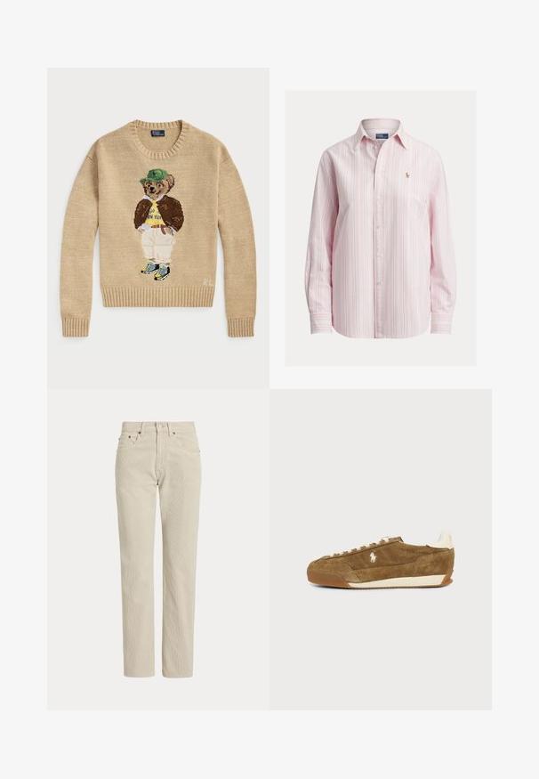 Pull en tricot beige avec un personnage d'ours brodé portant un chapeau vert, une chemise jaune, une veste marron et un pantalon clair avec des baskets.; Chemise à manches longues avec boutons, de couleur rose clair avec des rayures blanches et bleues, présentant un petit logo brodé sur la poitrine, fabriquée en tissu de coton.; Pantalon en velours côtelé beige droit avec passants de ceinture, bouton à l'avant, fermeture éclair et poches avant.; Baskets basses en daim marron avec lacets blancs, semelle beige et petit logo blanc de cheval sur le côté.