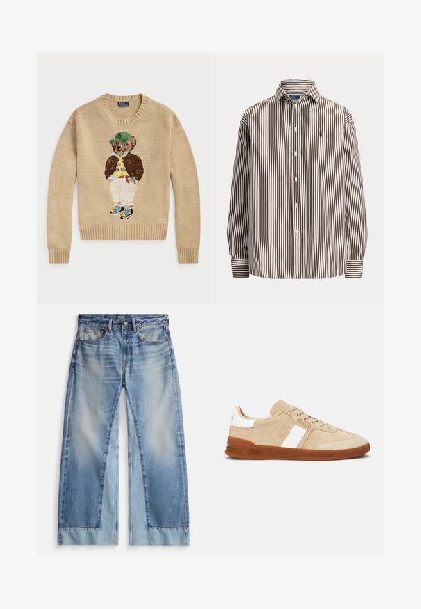 Beige gebreide trui met een geborduurd berenfiguur dat een groene hoed, een gele shirt, een bruine jas en lichte broek met sneakers draagt.; Overhemd met lange mouwen en knopen, bruin-witte verticale strepen, puntige kraag en geborduurd klein donker paardenlogo op de linkerborst.; Lichtblauwe jeans met wijde pijpen en een verwassen effect, voorzien van twee voorzakken, een gulp met knopen en rafelige zoom. Gemaakt van denim stof.; Beige suède sneakers met witte strepen, rubberen zool en beige accenten. Voorzien van een gestructureerd bovenwerk en een logo aan de zijkant.
