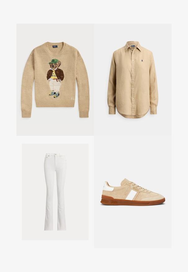 Beige strikketrøje med en broderet bjørn, der bærer en grøn hat, gul skjorte, brun jakke og lyse bukser med sneakers.; Beige langærmet skjorte med knapper, spids krave og lille marineblåt broderet logo på venstre bryst.; Hvide jeans med vidde i benene lavet af bomuldsblanding. Har høj talje, frontlommer og knaplukning foran. Glat tekstur uden mønstre.; Beige ruskindssneakers med hvide striber, gummisål og brune detaljer. Har en tekstureret overflade og en logo på siden.