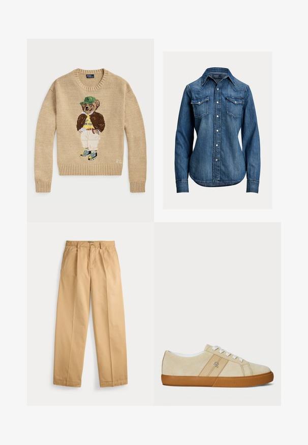 Beige strikketrøje med en broderet bjørn, der bærer en grøn hat, gul skjorte, brun jakke og lyse bukser med sneakers.; Langærmet blå denimskjorte med perleknapper, to brystlommer med klap og spids krave fra Polo Ralph Lauren.; Beige bukser med lige ben, lukning med knap og lynlås, forlommer, bæltestropper og pressede folder ned langs benene.; Beige ruskindsneakers med hvide snørebånd og gummisål. Har et logo på siden og en glat overflade. Klassisk low-top design.