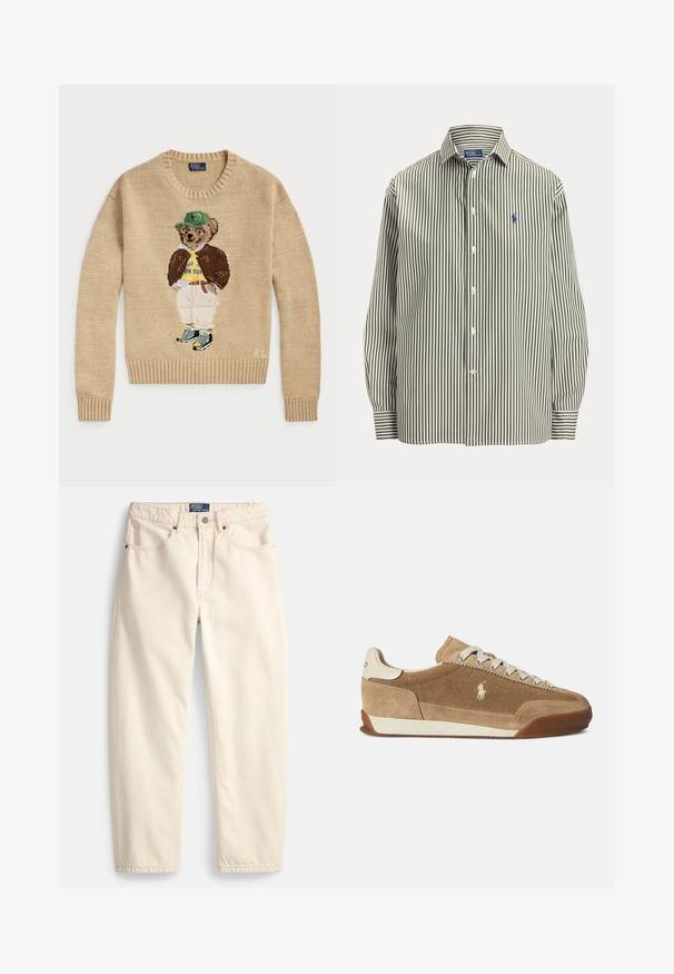Beige strikketrøje med en broderet bjørn, der bærer en grøn hat, gul skjorte, brun jakke og lyse bukser med sneakers.; Langærmet skjorte med knapper og lodrette hvide og mørkegrønne striber samt et lille broderet logo på venstre bryst.; Jeans i cremefarve lavet af denim med lige ben, forlommer og detaljer med overlock-syning. Lukning med metalknap og lynlås.; Lysebrune ruskindsneakers med lav profil, cremefarvede detaljer, snørelukning og gummiydersål. Har en lille logo på siden.