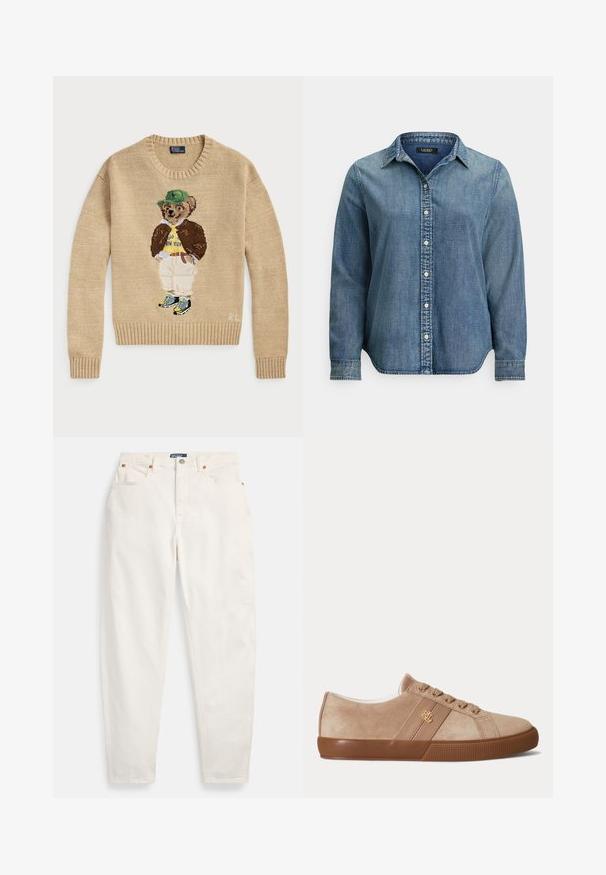 Beige strikketrøje med en broderet bjørn, der bærer en grøn hat, gul skjorte, brun jakke og lyse bukser med sneakers.; Langærmet denimskjorte med knapper ned foran og en spids krave, lavet af let falmet blåt stof.; Hvide høj-taljede jeans med lige ben, foran knap og lynlås, fem-lommer design og Polo mærkeetiket på linningen.; Beige ruskind lav-sneaker med brun gummisål, matchende snørebånd og et lille guld "RLL" logo på siden.
