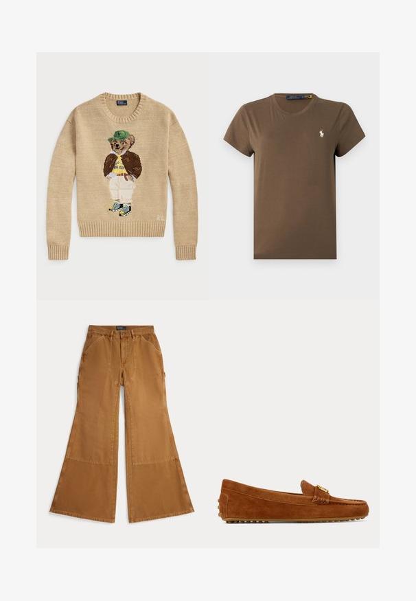 Beige Strickpullover mit einem gestickten Bärencharakter, der einen grünen Hut, ein gelbes Hemd, eine braune Jacke und helle Hosen mit Turnschuhen trägt.; Braunes Baumwoll-T-Shirt mit klassischem Rundhalsausschnitt, kurzen Ärmeln und kleinem weißen Logo auf der Brust. Glatte Textur, normale Passform.; Braune, weit geschnittene Baumwollhose mit aufgesetzten Details, Knopfverschluss und schrägen Taschen auf der Vorderseite. Glatte Textur, lässiges Design.; Brauner Veloursleder-Slipper mit goldener Schnalle und gummierter genoppter Sohle, von der Seite auf einfarbigem Hintergrund gesehen.