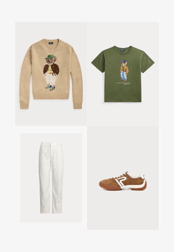 Beige strikketrøje med en broderet bjørn, der bærer en grøn hat, gul skjorte, brun jakke og lyse bukser med sneakers.; Olivengrøn t-shirt med en grafik af en bjørn iført solbriller, kasket, brun jakke og blå jeans, med teksten Polo Bear af Ralph Lauren.; Hvide bukser med lige ben, store foran-lommer, bæltestropper og lukning med knap i taljen.; Brun ruskind lavt snøresko med hvide accenter, gummisål, hvide snørebånd og Polo-logo på siden og hælen, vist i sidevisning.