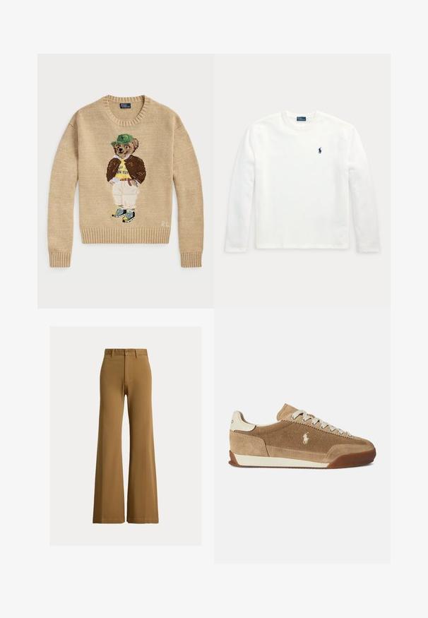 Beige strikketrøje med en broderet bjørn, der bærer en grøn hat, gul skjorte, brun jakke og lyse bukser med sneakers.; Hvid langærmet t-shirt med rund hals og lille mørkeblå broderet hest og rytter-logo på venstre bryst.; Brune højtaljede viddebukser med bæltestropper, forreste knap og lynlås lukning mod en lys baggrund.; Lysebrune ruskindsneakers med lav profil, cremefarvede detaljer, snørelukning og gummiydersål. Har en lille logo på siden.