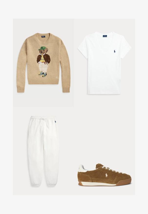 Beige Strickpullover mit einem gestickten Bärencharakter, der einen grünen Hut, ein gelbes Hemd, eine braune Jacke und helle Hosen mit Turnschuhen trägt.; Weißes kurzärmeliges V-Ausschnitt-T-Shirt mit kleinem marineblauem Polo Ralph Lauren-Logo auf der linken Brust.; Weiße Fleece-Sweathosen mit elastischem Bund und Bündchen, Kordelzug und kleinem dunkelblau besticktem Logo an der linken Hüfte.; Brauner Wildleder-Low-Top-Sneaker mit weißen Schnürsenkeln, weißem Fersenakzent, Gummisohle und gesticktem Polo-Logo an der Seite.