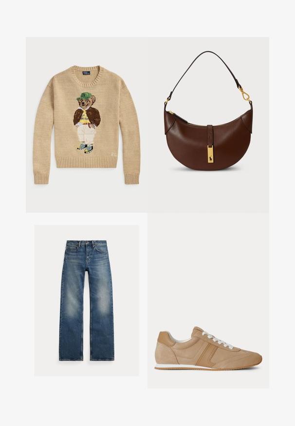 Beige gebreide trui met een geborduurd berenfiguur dat een groene hoed, een gele shirt, een bruine jas en lichte broek met sneakers draagt.; Blauwe straight-leg jeans met vervaagde plekken op de dijen, vijfzakkenontwerp en knoopsluiting, plat liggend op een witte achtergrond.; Lichtbruine suède en leren lage sneaker met witte veters en een witte rubberen zool, zijaanzicht op een witte achtergrond.; Bruine leren handtas met een gebogen vorm, gouden metalen accenten, ritssluiting en een klein logo op de voorkant.