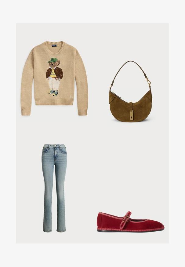 Beige strikketrøje med en broderet bjørn, der bærer en grøn hat, gul skjorte, brun jakke og lyse bukser med sneakers.; Lyseblå denim jeans med en tætsiddende talje, lige ben-design og subtilt falmede områder. Har frontlommer og en klassisk knaplukning.; Røde flade balletsko i ruskind med pink kant og matchende rem. Har en rund guldfarvet detalje og en tekstureret sål. Klassisk, rund form.; Brun ruskinds håndtaske med en buet form, guldfarvet hardware og lynlås lukning. Har en kort, justerbar skulderrem.