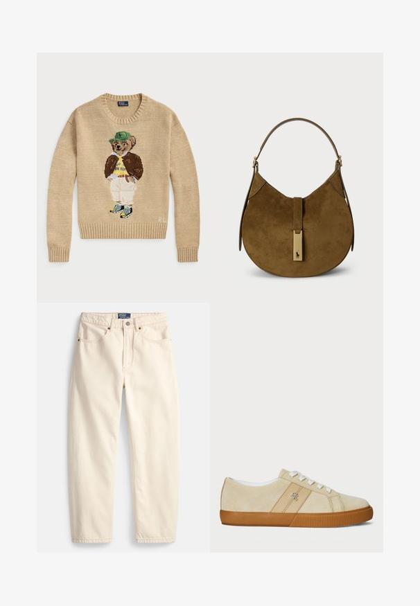Beige strikketrøje med en broderet bjørn, der bærer en grøn hat, gul skjorte, brun jakke og lyse bukser med sneakers.; Jeans i cremefarve lavet af denim med lige ben, forlommer og detaljer med overlock-syning. Lukning med metalknap og lynlås.; Beige ruskindsneakers med hvide snørebånd og gummisål. Har et logo på siden og en glat overflade. Klassisk low-top design.; Ruskindetaske i mørkebrun med en buet silhuet. Har en top-håndtag og et metallic logo-accents på frontlukningen.