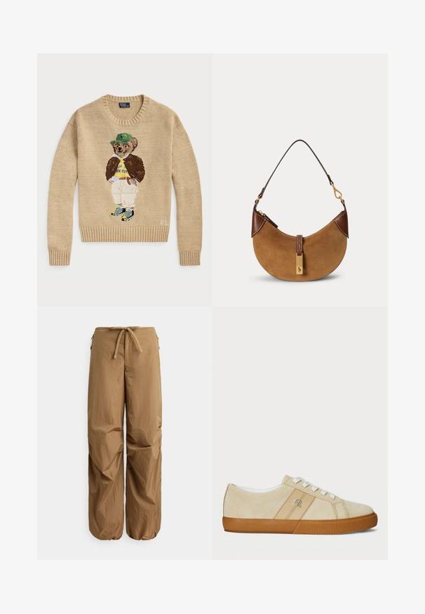 Pull en tricot beige avec un personnage d'ours brodé portant un chapeau vert, une chemise jaune, une veste marron et un pantalon clair avec des baskets.; Pantalon marron à coupe ample avec taille élastique à cordon, poches latérales zippées et poignets élastiqués froncés aux chevilles.; Baskets en suède beige avec lacets blancs et semelle en gomme. Elles présentent un logo sur le côté et une texture lisse. Design classique à col bas.; Sac à main demi-lune en daim marron avec des accents en cuir marron foncé, des ferrures dorées et une courte bandoulière.