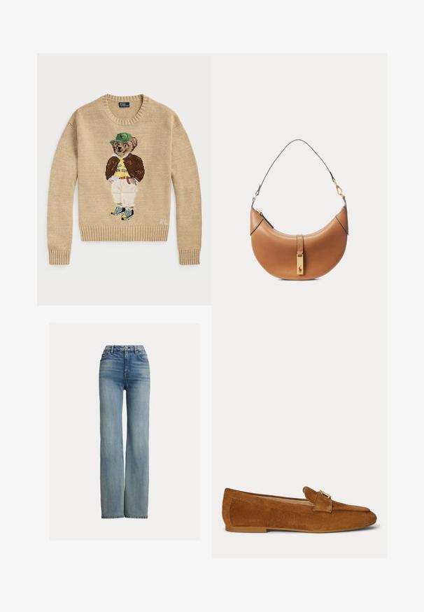 Beige Strickpullover mit einem gestickten Bärencharakter, der einen grünen Hut, ein gelbes Hemd, eine braune Jacke und helle Hosen mit Turnschuhen trägt.; Hochgeschnittene, gerade geschnittene blaue Jeans mit Fronttaschen, Gürtelschlaufen und Knopfverschluss, die dezente Verwaschungen aufweisen.; Brauner Wildleder-Loafer mit einem goldfarbenen Metallschnallendetail oben und einer flachen Absatzsohle.; Braune halbmondförmige Lederhandtasche mit kurzem Tragegriff und goldfarbenem rechteckigem Anhänger mit Pferdelogo am vorderen Verschluss.