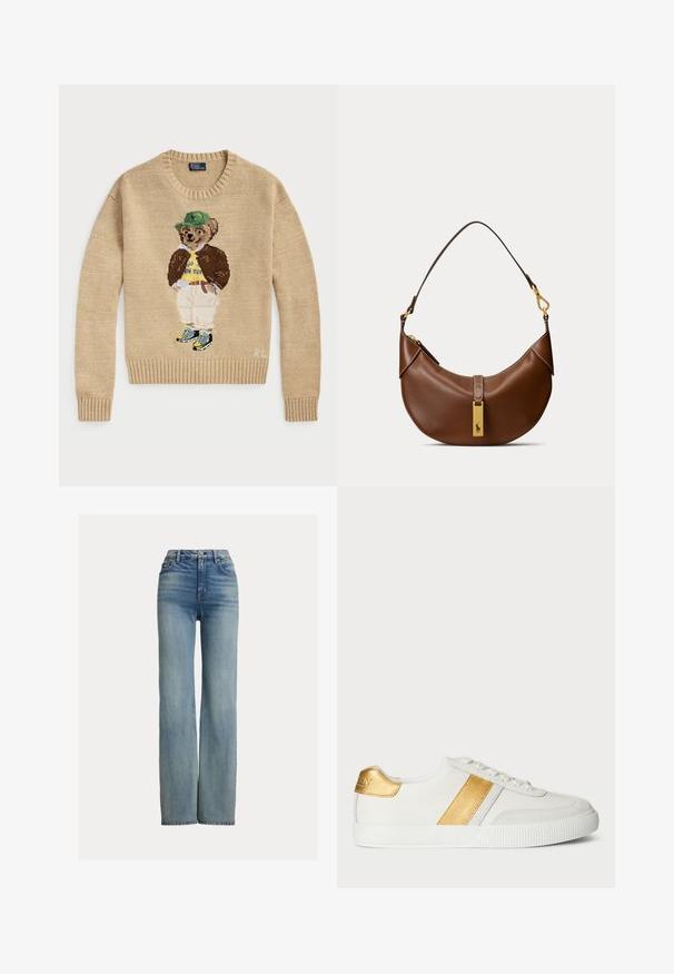 Beige strikketrøje med en broderet bjørn, der bærer en grøn hat, gul skjorte, brun jakke og lyse bukser med sneakers.; Højtaljede, lige ben blå jeans med forlommer, bæltestropper og knaplukning, der har subtile slidte detaljer.; Hvide sneakers lavet af syntetisk materiale, med et metallisk guldbånd og hælaccent, samt en tekstureret gummisål.; Brun læder skuldertaske i halvmåneform med en enkelt rem og en gylden rektangulær mærkat med en hestelogo.