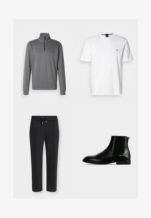 Sweatshirt gris à col haut et fermeture éclair demi-zippée. Présente un tissu texturé et un petit patch logo sur la poitrine.; T-shirt en coton blanc avec un col rond, des manches courtes et un petit logo sur la poitrine gauche. Texture lisse, coupe classique.; Pantalon noir fuselé avec une taille élastique et un cordon, présentant une subtile texture côtelée verticale.; Bottine en cuir noir avec panneau latéral élastique, talon bas, languette à l'arrière et petit logo doré "HUGO" sur le côté extérieur.