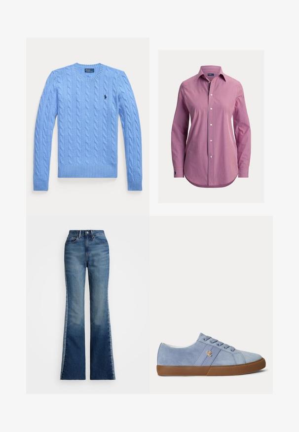 Pull bleu clair en maille torsadée à manches longues, col rond et petit logo sombre sur le côté gauche de la poitrine.; Chemise à manches longues rayée rouge et bleue en coton, dotée d'un col boutonné et d'un ourlet arrondi. Détails notables de boutons sur les poignets.; Polo Ralph Lauren FLARE JEAN - Jean flare - boyne wash; Baskets basses en daim bleu clair avec semelle en caoutchouc marron et petit logo doré sur la bande latérale, vues de côté droit.