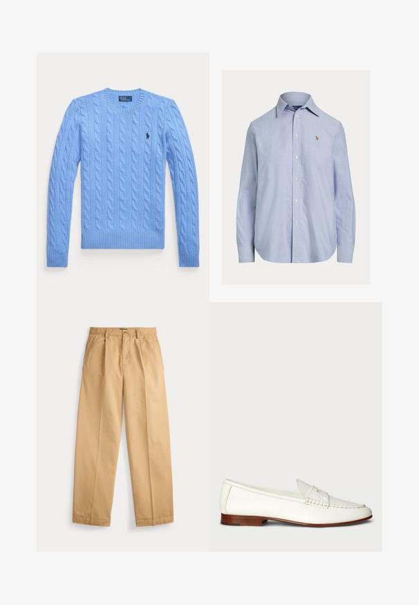 Lyseblå kabelstrikket langærmet sweater med rund halsudskæring og lille mørkt logo på venstre bryst.; Lyseblå skjorte med lange ærmer og knapper, med spids krave og lille broderet logo på venstre bryst.; Beige bukser med lige ben, lukning med knap og lynlås, forlommer, bæltestropper og pressede folder ned langs benene.; Hvide læder loafers med en struktureret overflade, rund tå og vævet detalje. Lavt træhæl og minimalistisk design.