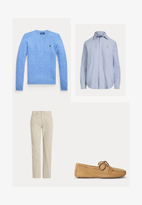 Suéter de punto trenzado azul claro, de manga larga, con cuello redondo y pequeño logo oscuro en el pecho izquierdo.; Camisa azul clara de manga larga con botones, cuello puntiagudo y pequeño logo bordado en el pecho izquierdo.; Pantalones de pana beige de corte recto con trabillas para cinturón, botón delantero, cremallera y bolsillos delanteros.; Mocasín de ante marrón claro con punta redondeada, cordón de cuero atado en un lazo y suela de goma con relieves para mejor agarre.