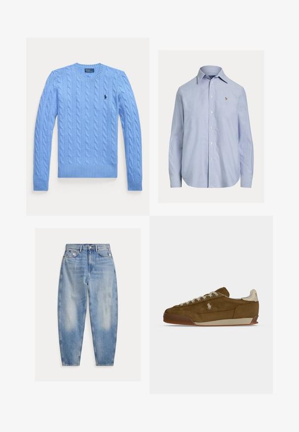 Pull bleu clair en maille torsadée à manches longues, col rond et petit logo sombre sur le côté gauche de la poitrine.; Chemise bleu clair à manches longues avec boutons, col pointu et petit logo brodé sur la poitrine gauche.; Jean denim bleu clair taille haute avec légère décoloration et usure près des poches avant, style cinq poches et jambes fuselées.; Baskets en daim marron avec lacets crème, semelle épaisse et petit logo blanc brodé sur le côté.
