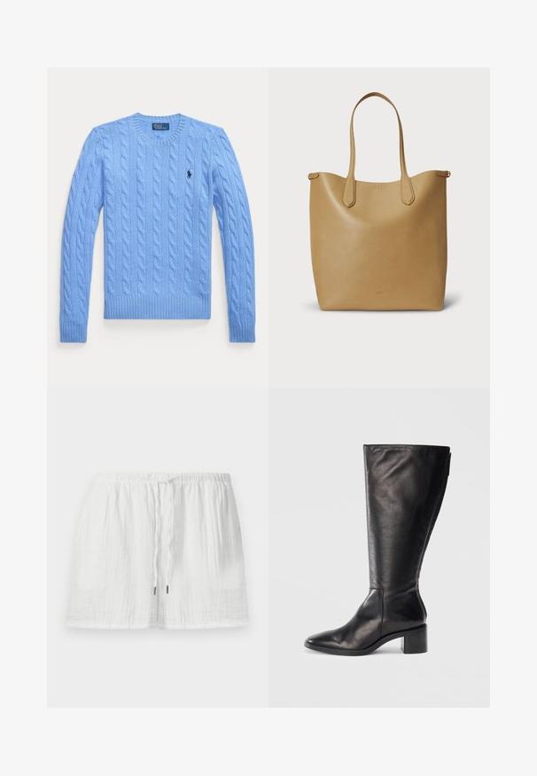 Lyseblå kabelstrikket langærmet sweater med rund halsudskæring og lille mørkt logo på venstre bryst.; Hvide bomuldsshorts med elastik i taljen, justerbar snøre og et blødt, struktureret stof. Casual, afslappet pasform.; Sorte læderknæhøje støvler med firkantet tå, blokhæle og et stilrent design. Glat tekstur med en sideskift for nem påtagning.; Tanfarvet lædertaske med to lange håndtag, en glat tekstur, afrundede topkanter og diskret branding ved bunden. Minimalistisk design.