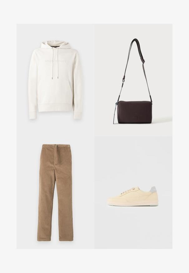 Manteau à capuche blanc avec une poche avant, des cordons de serrage et un logo en relief. Fabriqué en tissu doux avec des poignets et un ourlet côtelés. Design minimaliste.; Pantalons en velours côtelé marron avec taille élastique et cordon de serrage à l'avant, coupe droite, présentés sur fond blanc.; Baskets basses beige à lacets, semelle rose clair et languette grise à l'arrière marquée "Filling Pieces", vues de profil sur fond uni.; Sac bandoulière en cuir marron foncé texturé avec une sangle réglable et un petit accent décoratif bleu sur le côté.