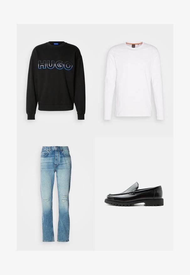 Zwarte sweatshirt met groot "HUGO" logo in blauwe gradient borduring. Ronde hals, ribgebreide boorden en zoom. Gemaakt van zachte stof.; Witte lange mouwen t-shirt gemaakt van katoen. Heeft een ronde halslijn en een klein reliëflogo op de linkerborst. Glad textuur.; Dames mid-rise blauwe jeans met een vervaagde wassing, versleten scheuren op beide knieën, recht gesneden pijpen en een klassieke vijf-pocketontwerp.; Zwarte leren loafer met dikke rubberen zool, gestikte bovenkant en gegraveerde merknaam op de hiel, zijaanzicht op witte achtergrond.