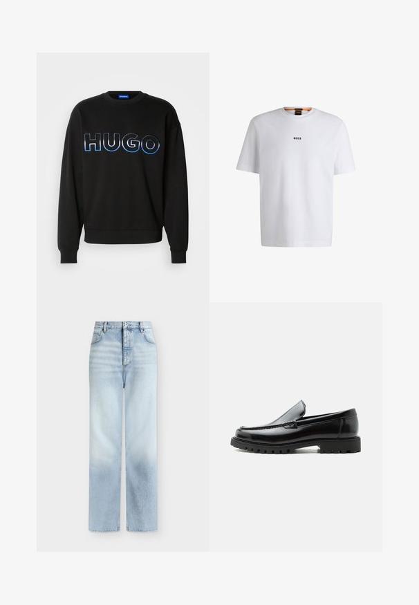 Schwarzer Hoodie mit großem "HUGO"-Logo in blauer Farbverlauf-Stickerei. Rundhalsausschnitt, gerippte Bündchen und Saum. Aus weichem Stoff gefertigt.; Weißes Baumwoll-T-Shirt mit kurzen Ärmeln, ausgestattet mit einem schwarzen "BOSS"-Logo, das mittig auf der Brust platziert ist, und einem runden Halsausschnitt.; Hellblaue, hoch taillierte Jeans mit geradem Bein, Fronttaschen, Gürtelschlaufen und einem Knopfverschluss.; Schwarzer Lederloafer mit grober Gummisohle, genähter Oberseite und geprägtem Markennamen an der Ferse, seitlich auf weißem Hintergrund gezeigt.
