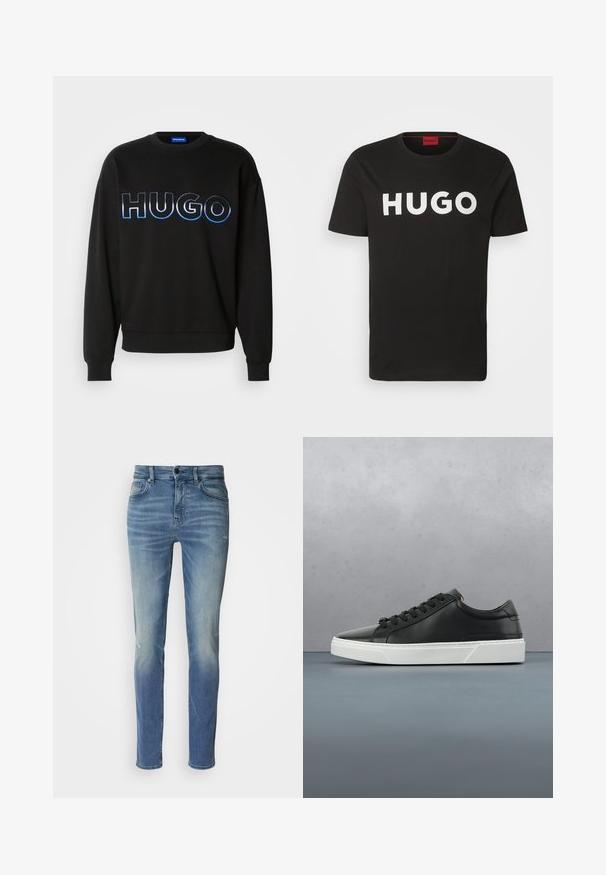 Must rohkem "HUGO" logo sinise gradienti tikandiga. Ümmargune kaelus, soonikkoes varrukate ja lähedega. Valmistatud pehmest kangast.; Must kärgmust T-särk, millel on ümar kaelus ja lühikesed varrukad, kaunistatud silmatorkava valge "HUGO" logoga ees.; Hele sinine teksapüksid kitsas lõikega, millel on õrn pleekimine, kortsud ja kulunud põlve detail. Klassikaline viie taskuga disain.; Must musta jooksujalats ümmarguse ninaga, tekstuuriga pind, valge kummist tallaga ja mustade paeltega. Minimalistlik disain koos sujuva profiiliga.