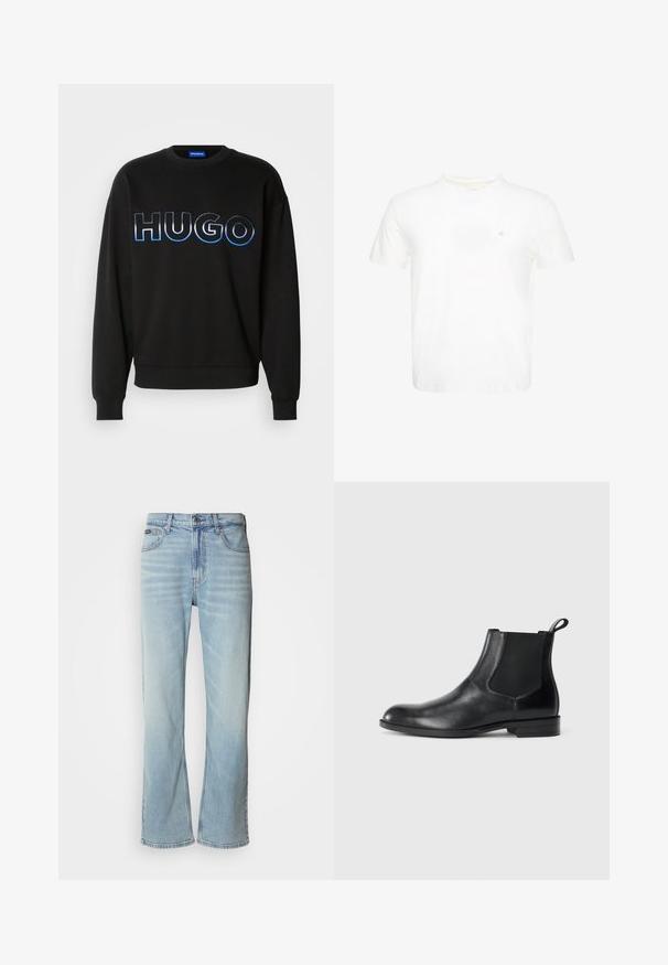 Schwarzer Hoodie mit großem "HUGO"-Logo in blauer Farbverlauf-Stickerei. Rundhalsausschnitt, gerippte Bündchen und Saum. Aus weichem Stoff gefertigt.; Weißes T-Shirt mit kurzen Ärmeln und Rundhalsausschnitt mit kleinem gesticktem "ck" Logo auf der linken Brust.; Hellblaue Jeans aus Denim mit geradem Bein, ausgestattet mit fünf Taschen, einem Knopfverschluss und subtilen Verwaschungen im Stoff.; Schwarze Leder-Stiefelette mit elastischen Seiteneinsätzen, abgerundeter Zehenpartie und einem Zugschlauf. Glatte Textur, flache Sohle, minimalistisches Design.